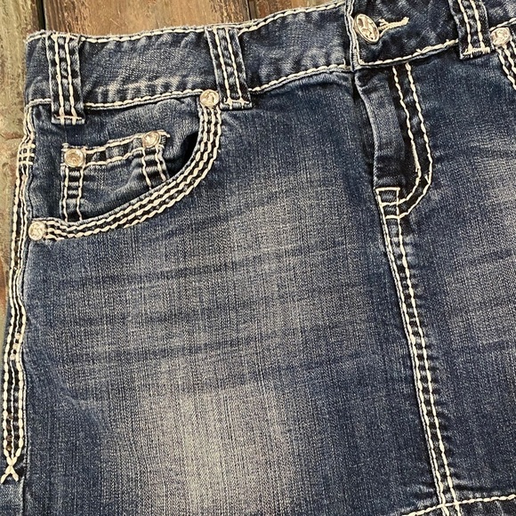 Rock & Roll Cowgirl 30 (11) Denim Mini Skirt Embellished Logo Stretch Low Rise - Picture 2 of 13